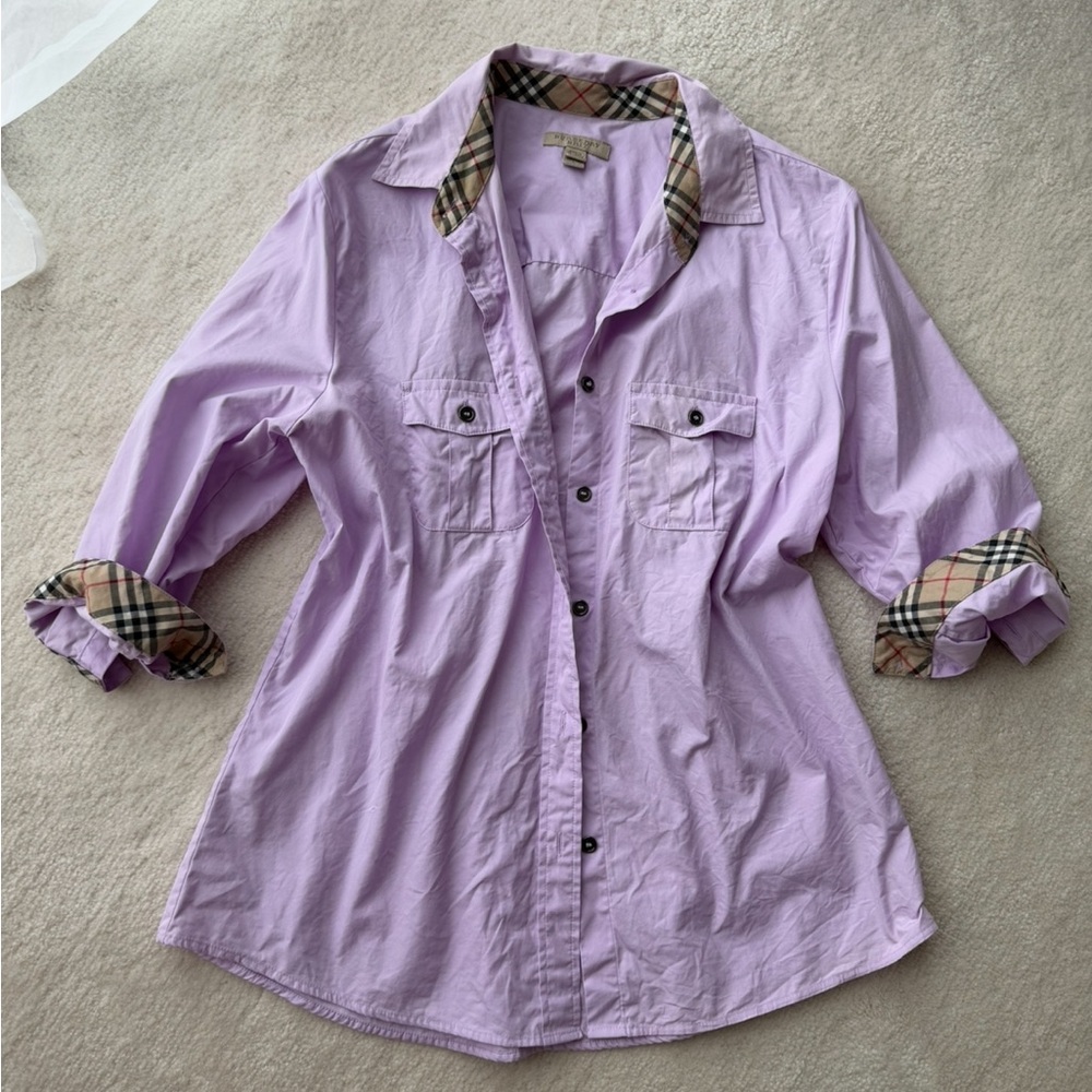 Burberry Lavender Button-Up Shirt with Signature Check Trim